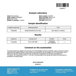 Analysezertifikat Tirzepatid 10 mg PEN, Prüfbericht 100006077