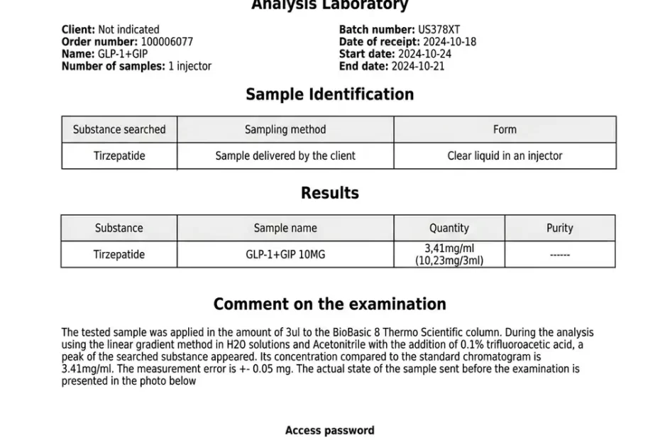 Analysezertifikat Tirzepatid 10 mg, Prüfbericht 100006077