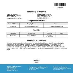 Analysezertifikat Tirzepatid 5 mg PEN, Prüfbericht 100006079